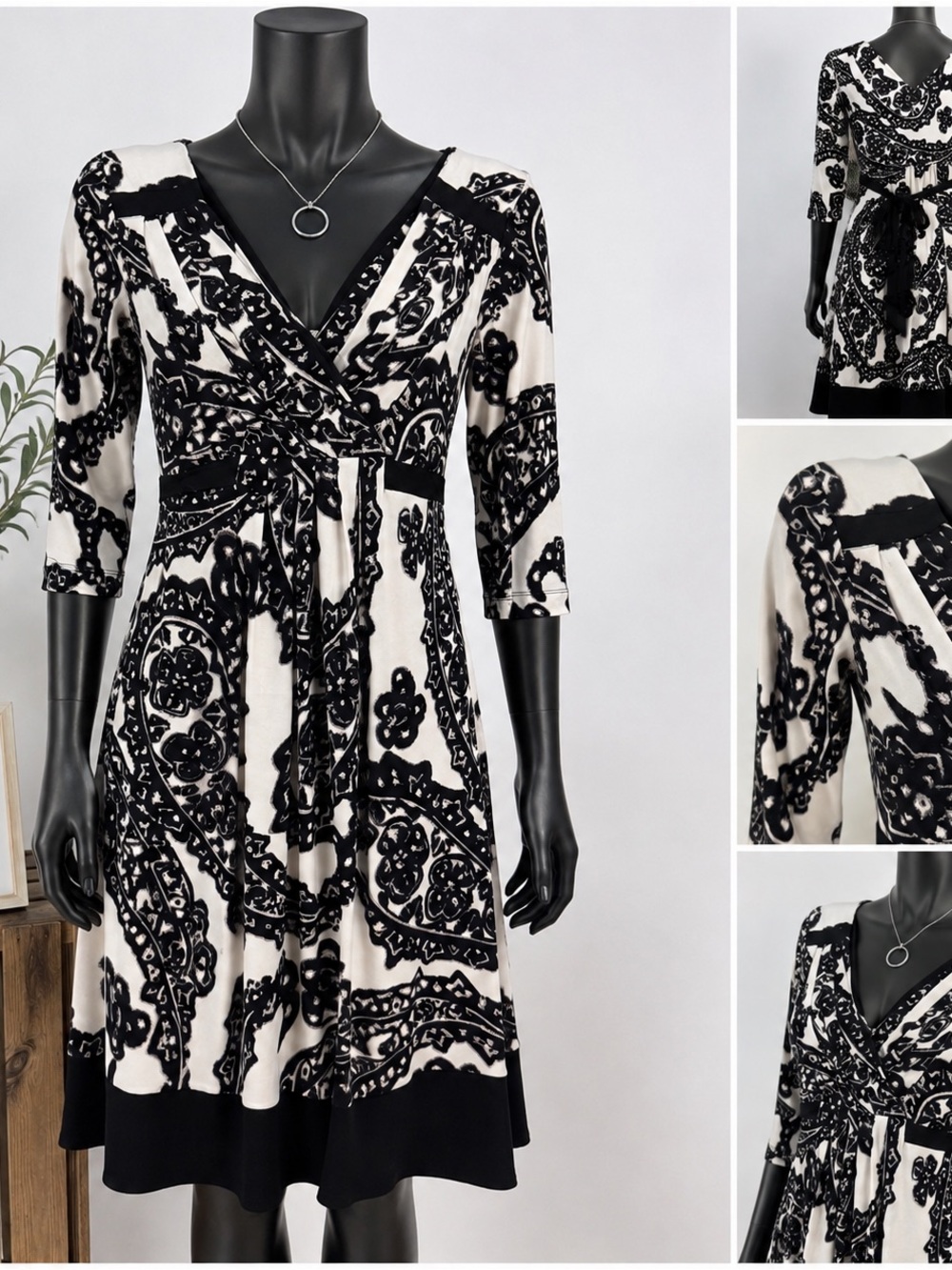 Sangria Dress Size 4 Black Ivory Paisley Faux Wrap Fit Flare Tie Back 3/4 Sleeve